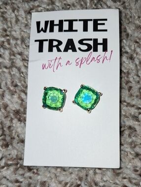 White Trash With a Splash Green Crystal Stud Earrings